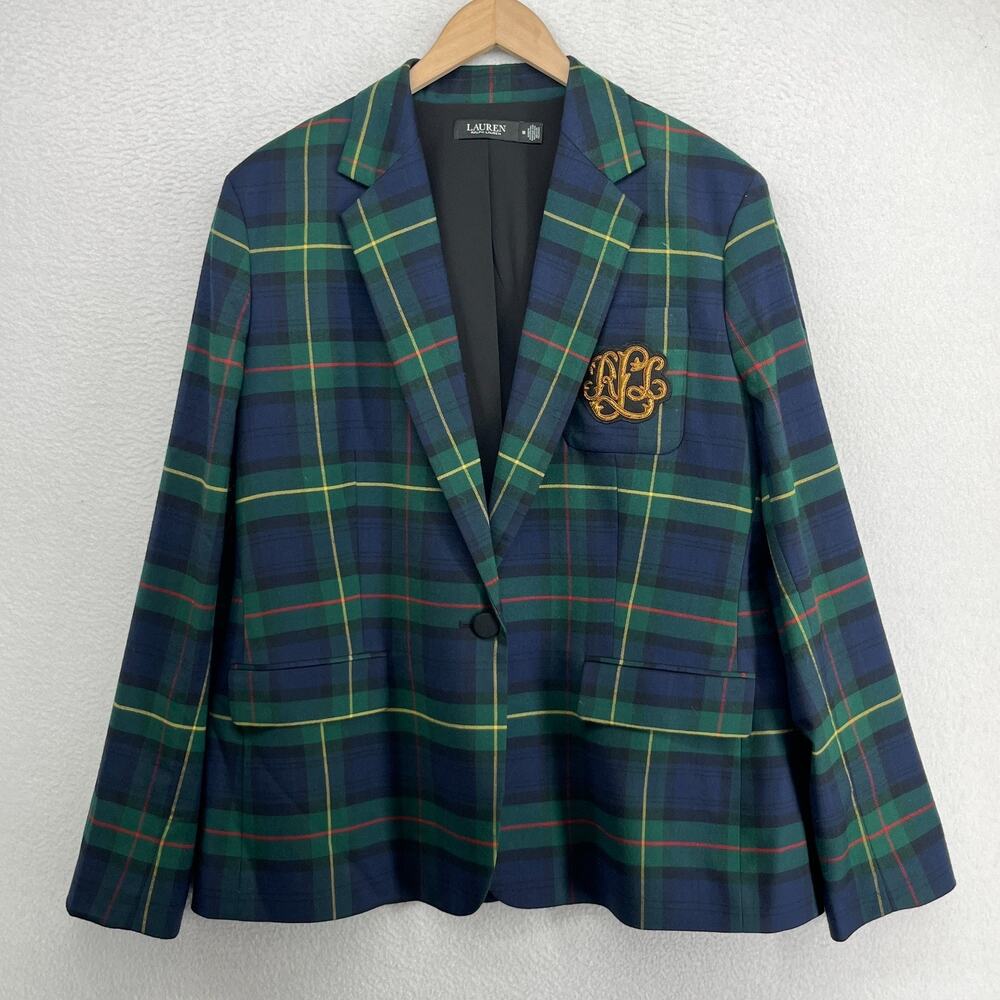 LAUREN RALPH LAUREN Blazer Women 18 Bullion Plaid Tartan Wool Twill Vented Green